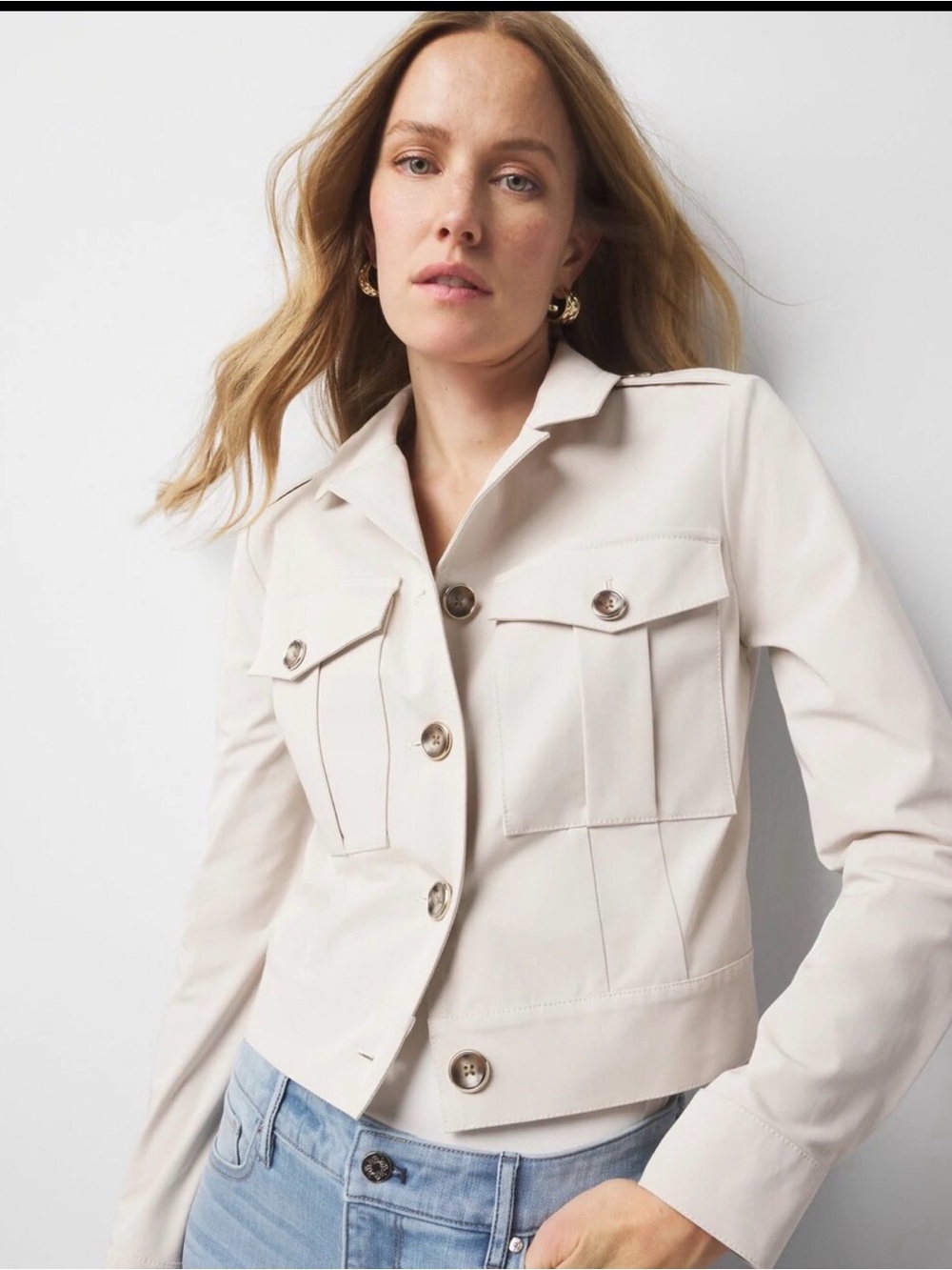 White House Black Market Cream Button-Front Utility Jacket